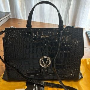 Mario Valentino large top handle deep burgundy crocodile embossed